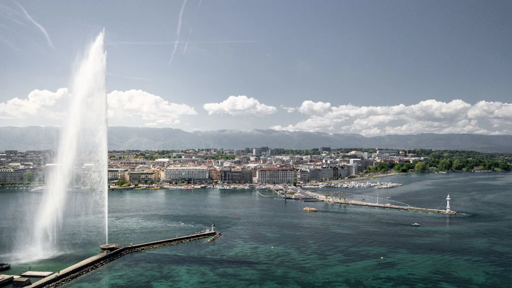 Aerial view of the Jet d'Eau and Geneva seen from the Lake.