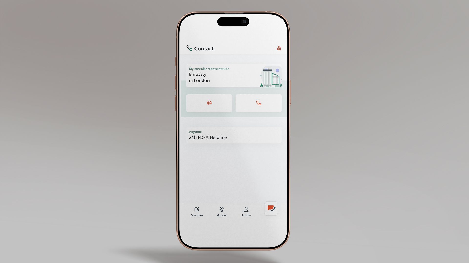 The image shows a smartphone on which the SwissInTouch app is open on the representation contact details page.
