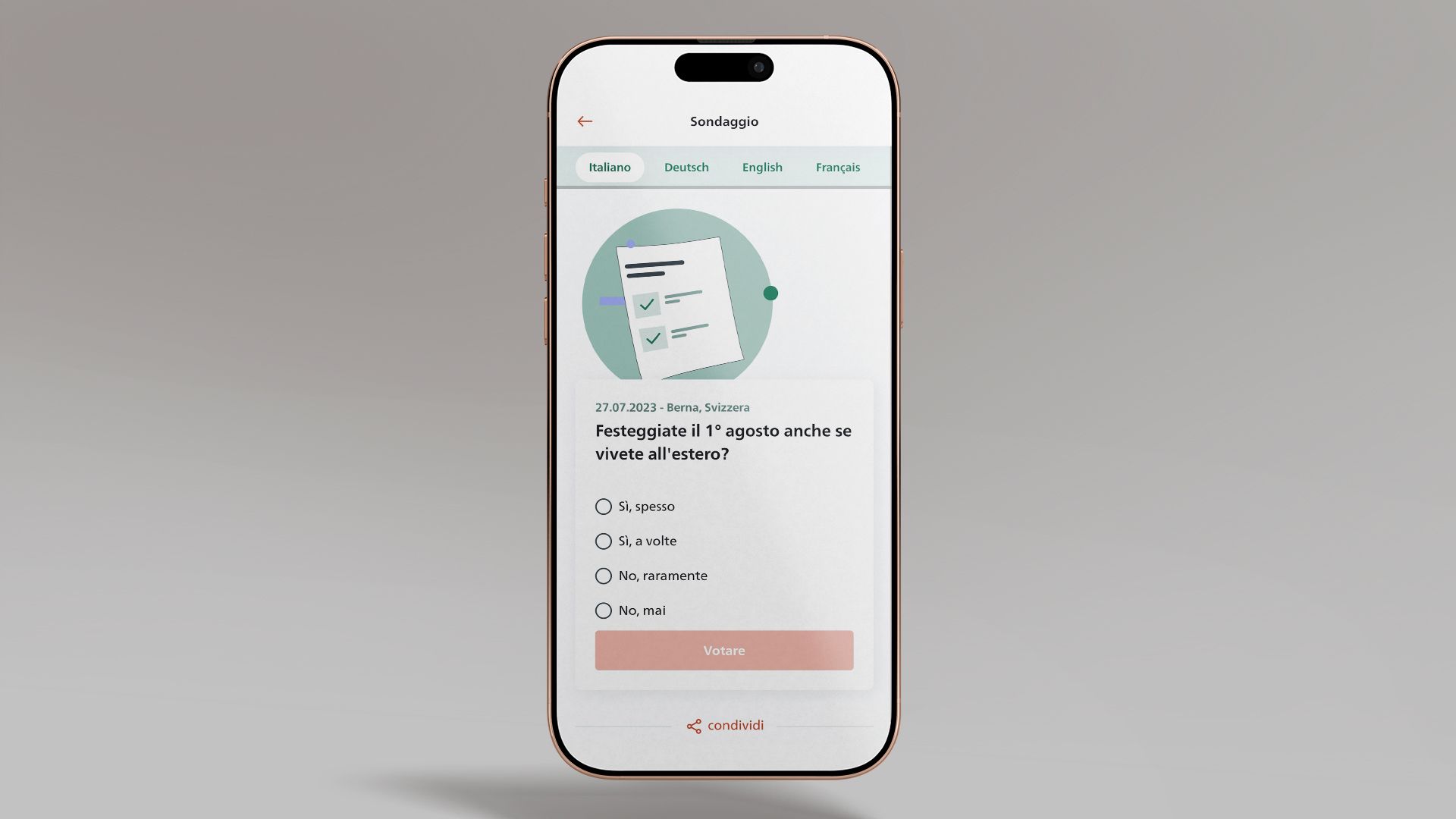 La figura mostra uno smartphone su cui è aperta la funzione di sondaggio dell’app SwissInTouch.